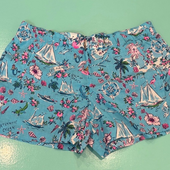 Lilly Pulitzer Lilo Linen Shorts in the Amalfi Blue Lilly's Roadtrip print - Picture 4 of 7